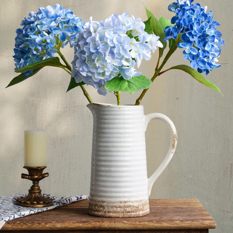 Quoowiit Ceramic Rustic Vase with Handle, White Distressed Decorative Farmhouse Pitcher Vase for Home Decor Living Room Bedroom Kitchen Office Shelf Decor Centerpiece Table Decoration - Image 1