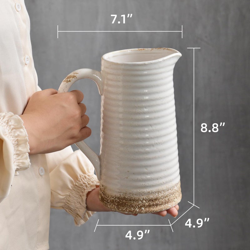 Quoowiit Ceramic Rustic Vase with Handle, White Distressed Decorative Farmhouse Pitcher Vase for Home Decor Living Room Bedroom Kitchen Office Shelf Decor Centerpiece Table Decoration - Image 3