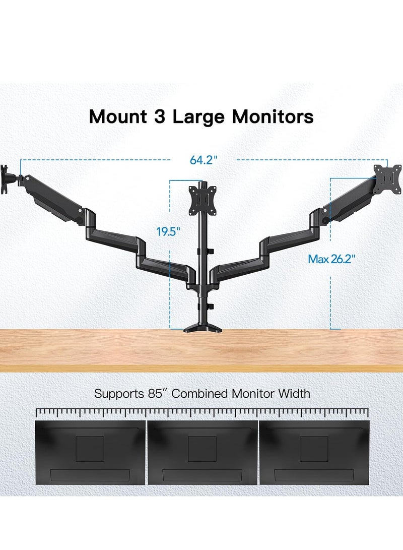ELTRAZONE Triple Monitor Mount for 17-32 Inch Screens – Height Adjustable Monitor Arm, Holds Up to 8kg per Arm, Black - Image 3