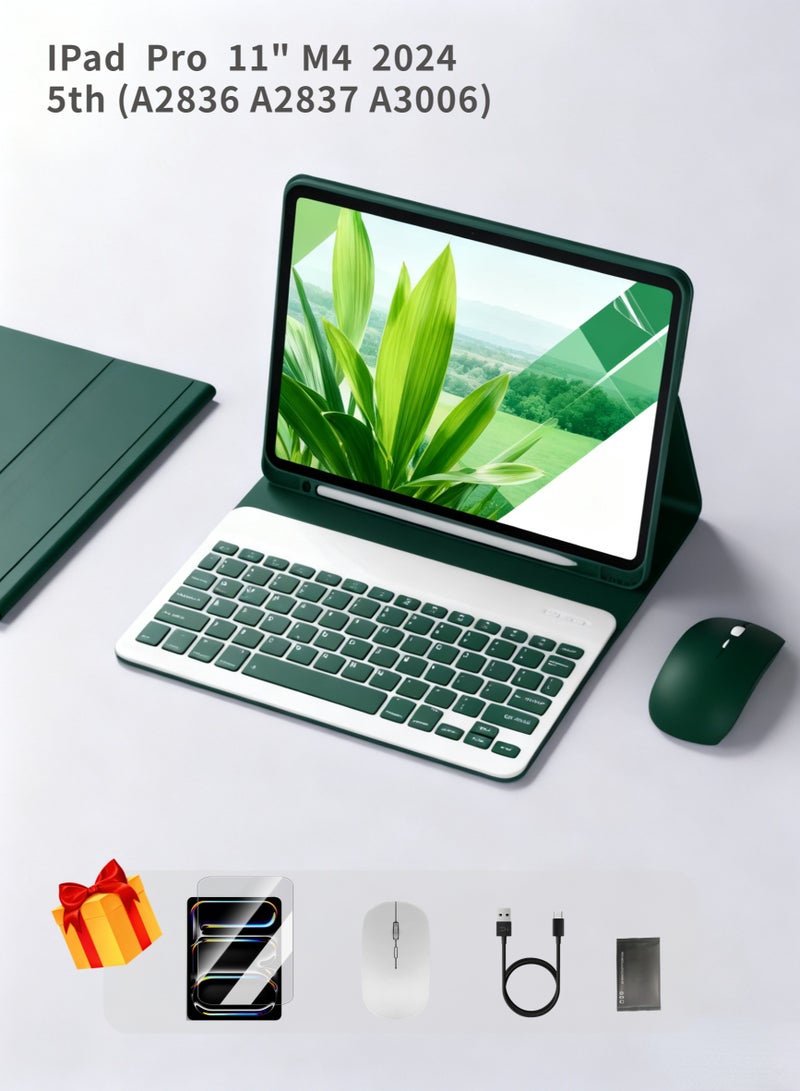 Keyboard Case For iPad Pro M4 11-Inch 2024 (5th Generation A2836 A2837 A3006), iPad Keyboard With Wrap-Around Drop-Proof Leather Shockproof Triangle Stand Built-In Pen Slot Flip Smart Wake-Up/Free 2-In-1 Screen Protector-Green - Image 1