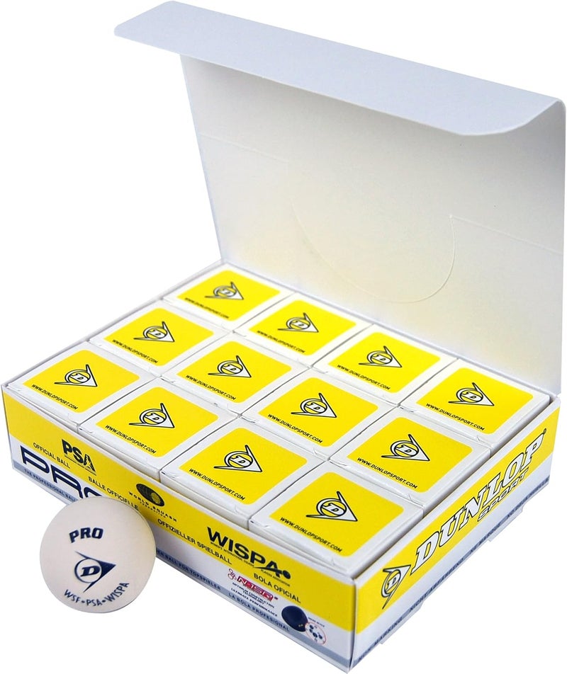 Dunlop Sports Pro Glass Court Squash Ball - 12 White Balls