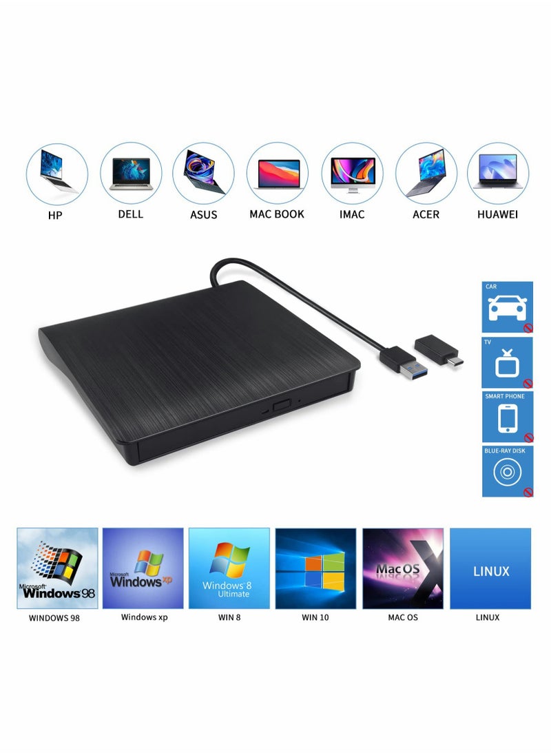 Excefore - External DVD Drive USB 3.0 Type-C USB C Portable DVD Player for Laptop CD DVD +/-RW Disk Drive CD ROM Burner Writer CD/DVD Burner Reader Compatible with Laptop Desktop Windows Linux OS Apple MacBook - Image 1