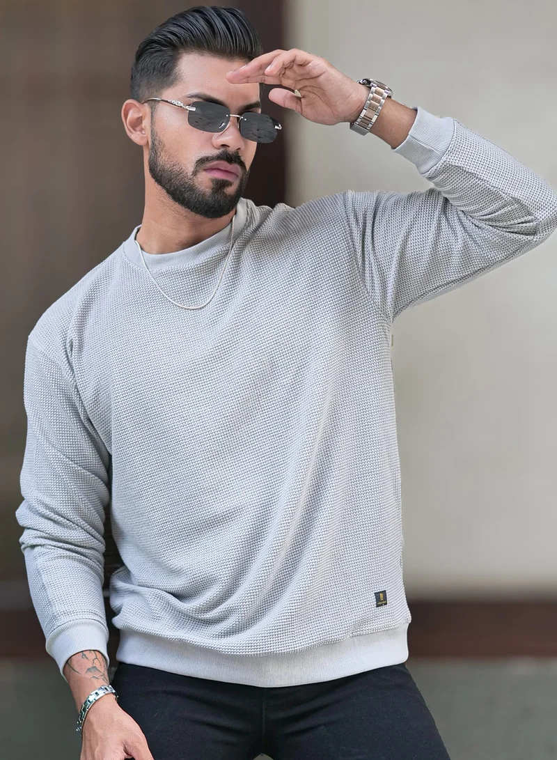 Maniac  Maniac Mens Solid Textured Round Neck Full Sleeve Light Grey Cotton Sweatshirt for Men | Best Price UAE