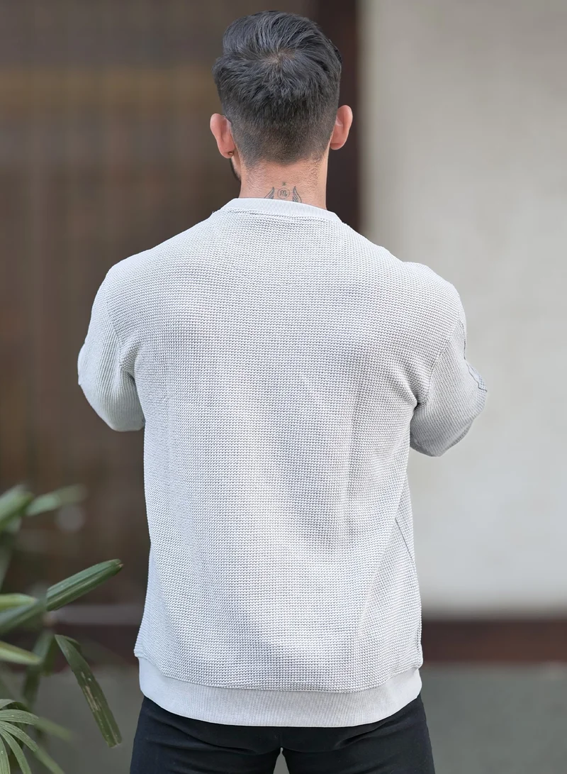 Maniac  Maniac Mens Solid Textured Round Neck Full Sleeve Light Grey Cotton Sweatshirt for Men | Best Price UAE