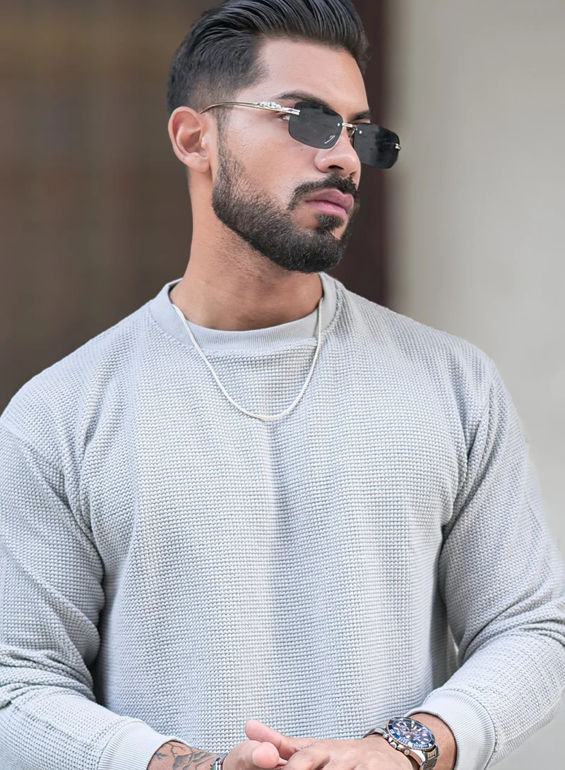 Maniac Mens Solid Textured Round Neck Full Sleeve Light Grey Cotton Sweatshirt