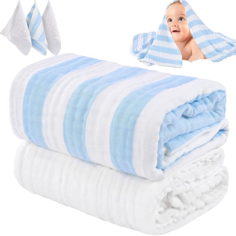 HardNok Muslin Baby Bath Towel Set - 100% Organic Cotton 5-Piece Set (2 Large Hooded Towels & 3 Washcloths), 6 Layer Absorbent Gauze, Perfect Newborn (Blue Stripe) - Image 1