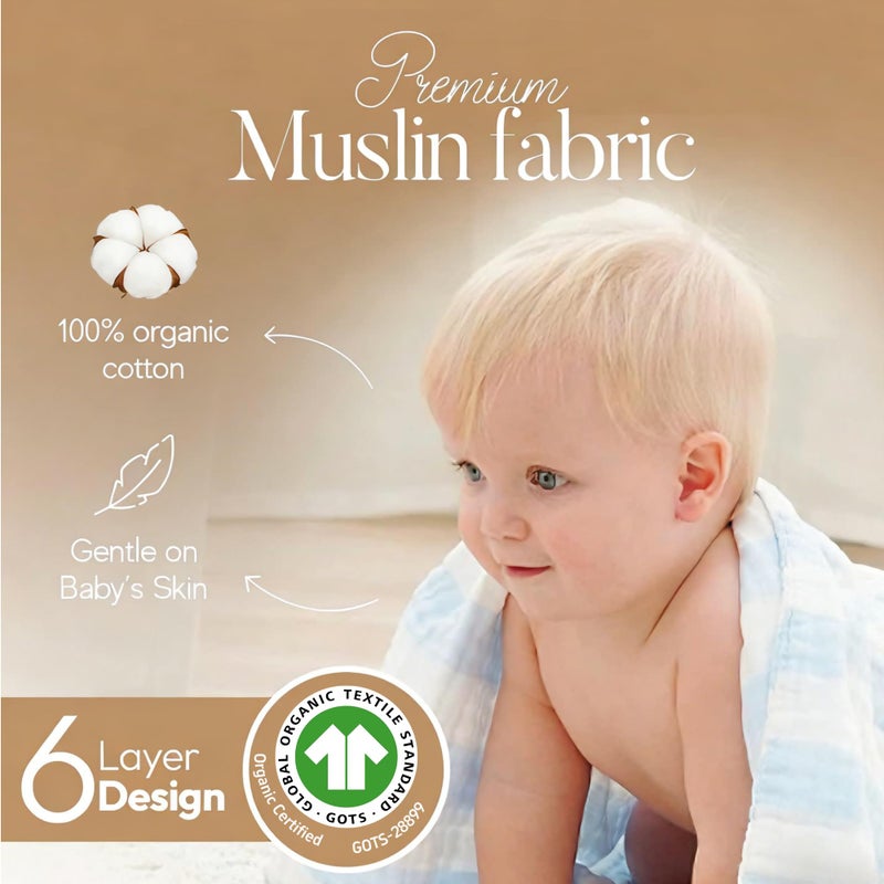 HardNok Muslin Baby Bath Towel Set - 100% Organic Cotton 5-Piece Set (2 Large Hooded Towels & 3 Washcloths), 6 Layer Absorbent Gauze, Perfect Newborn (Blue Stripe) - Image 2