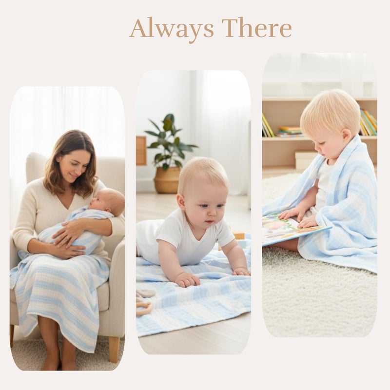 HardNok Muslin Baby Bath Towel Set - 100% Organic Cotton 5-Piece Set (2 Large Hooded Towels & 3 Washcloths), 6 Layer Absorbent Gauze, Perfect Newborn (Blue Stripe) - Image 5