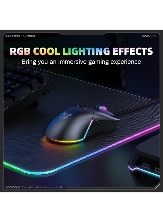 ONIKUMA CW929 Gaming Mouse Wired- 6 Button – Adjustable 6400DPI Optical Sensor A825  – 7 Colorful RGB Backlit Optical Gaming Mice for PC Laptop Gamer | Black - Image 2