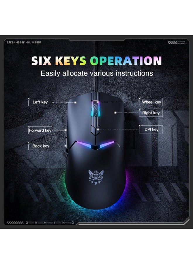 ONIKUMA CW929 Gaming Mouse Wired- 6 Button – Adjustable 6400DPI Optical Sensor A825  – 7 Colorful RGB Backlit Optical Gaming Mice for PC Laptop Gamer | Black - Image 3
