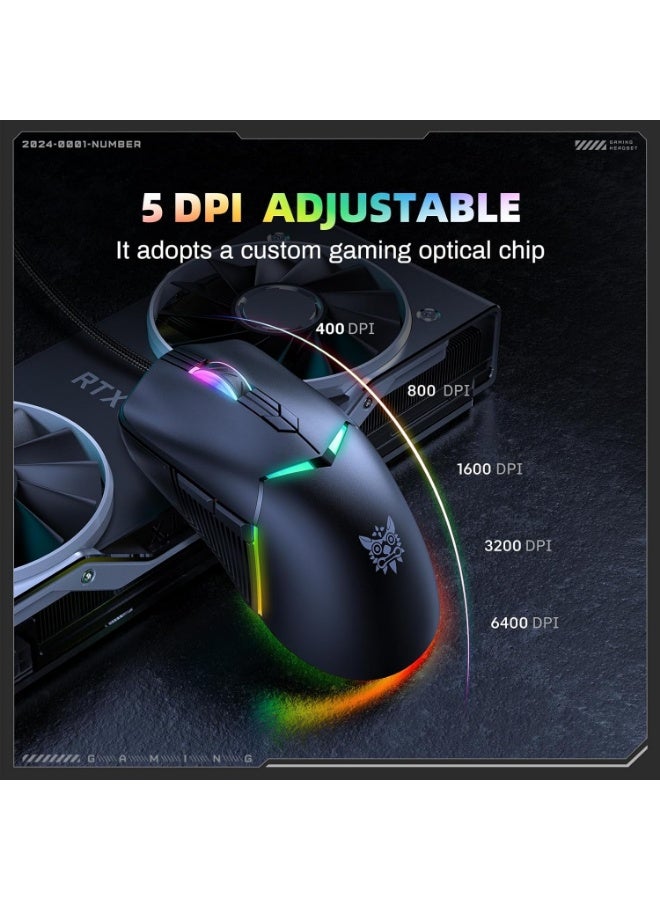 ONIKUMA CW929 Gaming Mouse Wired- 6 Button – Adjustable 6400DPI Optical Sensor A825  – 7 Colorful RGB Backlit Optical Gaming Mice for PC Laptop Gamer | Black - Image 4