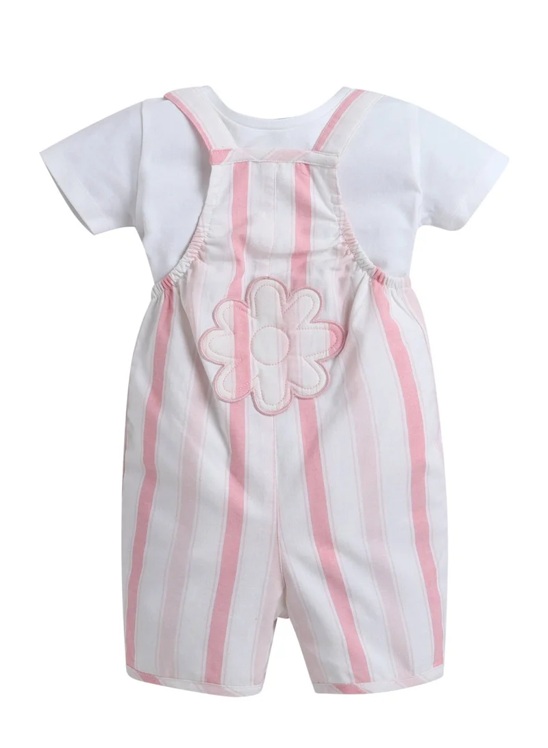 فكتور اند جين Infant Girls Bodysuit & Stripe Dungaree Romper Set with Flower Appliqué