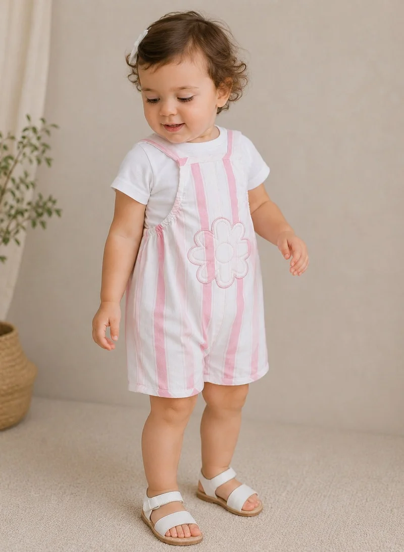 Victor And Jane  Infant Girls Bodysuit & Stripe Dungaree Romper Set with Flower Appliqué for Women | Best Price UAE