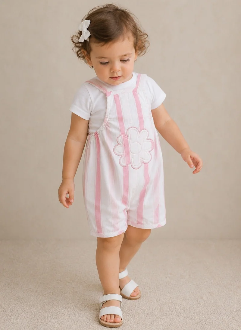 فكتور اند جين Infant Girls Bodysuit & Stripe Dungaree Romper Set with Flower Appliqué