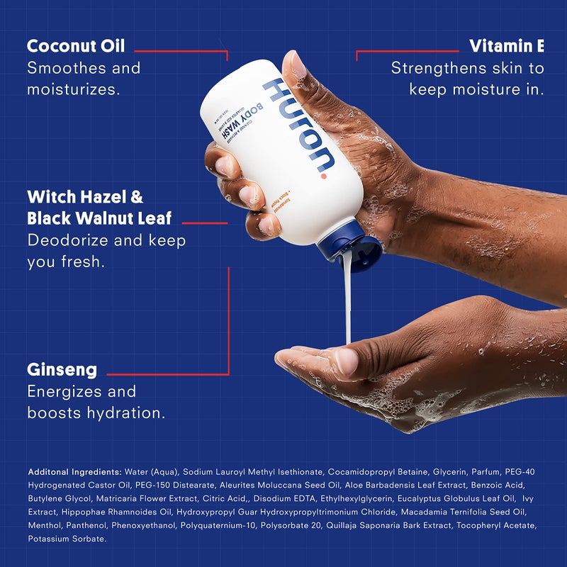 Huron Menâ€™s Moisturizing Body Wash - Clean & Woody Scent of Sandalwood, Black Pepper, Cedarwood, & Amber - Made With Coconut Oil, Vitamin E & Witch Hazel - Vegan, Cruelty-Free - 12.2 fl oz - Image 3