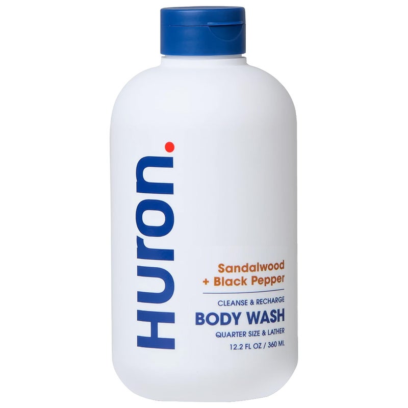 Huron Menâ€™s Moisturizing Body Wash - Clean & Woody Scent of Sandalwood, Black Pepper, Cedarwood, & Amber - Made With Coconut Oil, Vitamin E & Witch Hazel - Vegan, Cruelty-Free - 12.2 fl oz - Image 1