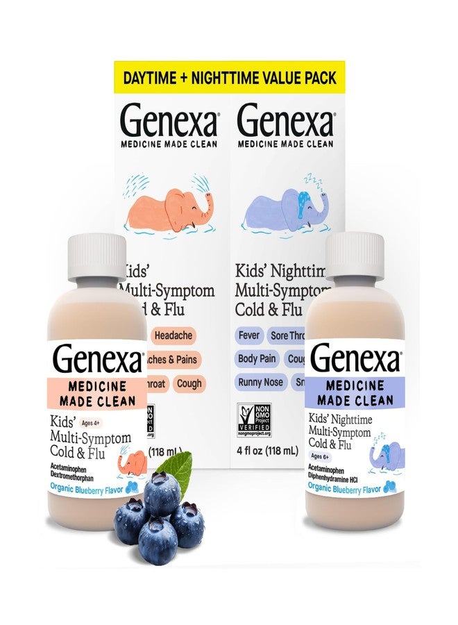 Genexa Kids' Clean Cold & Flu Relief Day/Night Multi-Symptom, Dye Free, 0% Artificial Additives, Children's Liquid Pain, Fever & Cough Medicine, Ages 4-11, Organic Blueberry Flavor, 8 fl oz (2 Pack) - Image 1