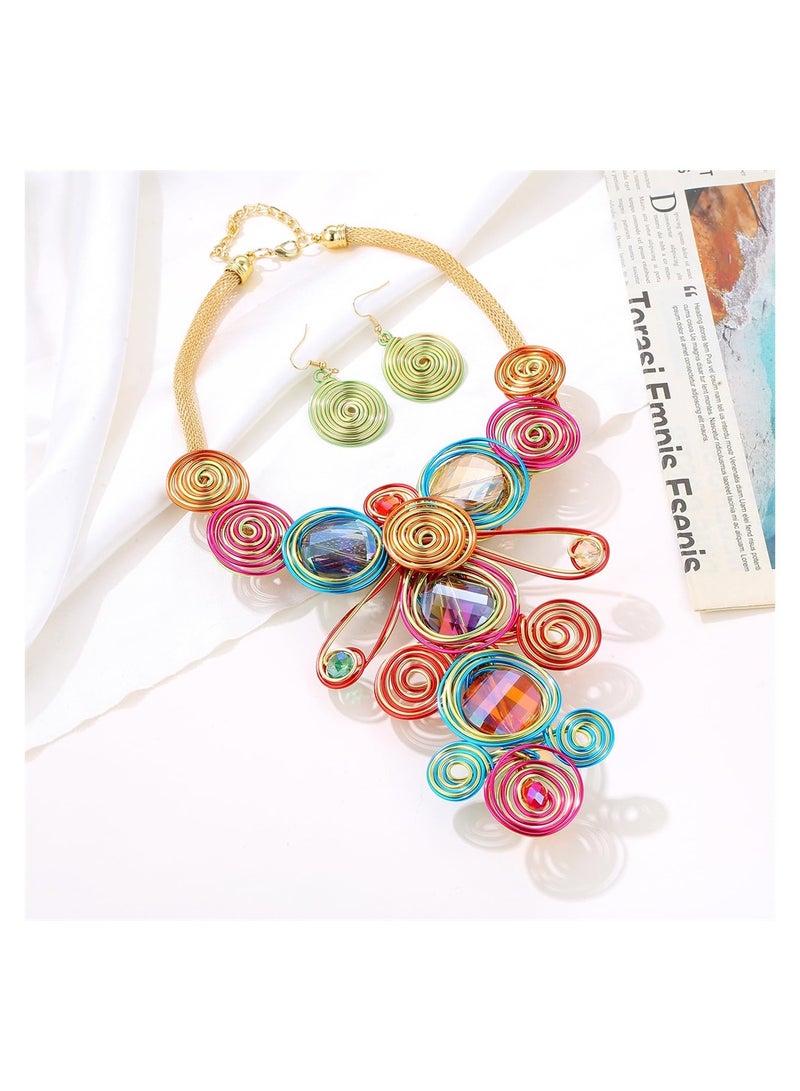SYOSI Statement Chunky African Choker Necklace for Women, Colorful Crystal Big Rhinestone Bib Necklace Fashion Tribal Style Costume Jewelry Earring Sets Handmade, Vintage Style Necklace  - Image 5