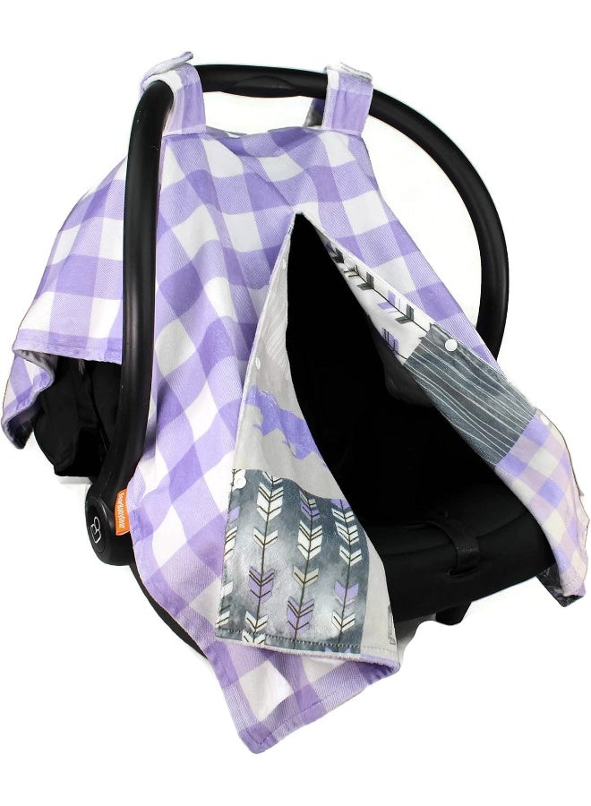 Dear Baby Gear Deluxe Reversible Car Seat Canopy, Custom Minky Print, Adventure Little Lady Faux Quilt Lavender and Lavender Lumberjack Plaid - Image 1