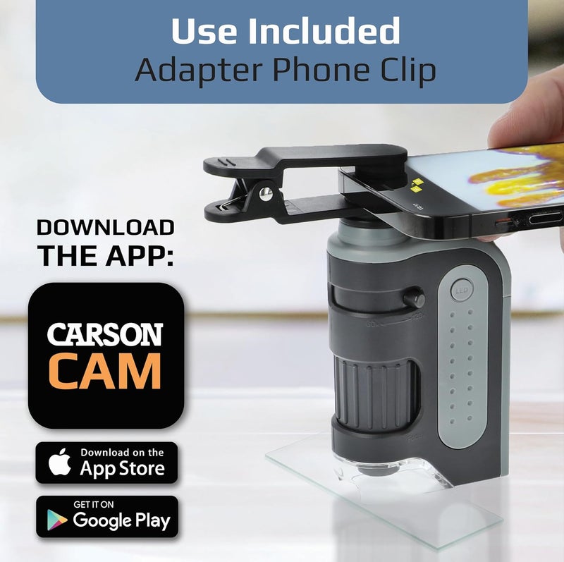 Carson ميكروسكوب رقمي محمول صغير للأطفال أو البالغين، تكبير دقيق 60x-120x، ميكروسكوب محمول مع مشبك للهاتف وتطبيق للهواتف الذكية (MM-350) - Image 2