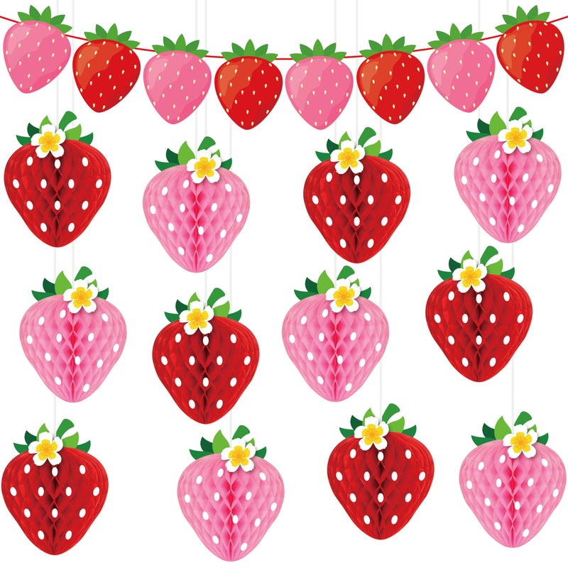 Renbuzhu 13PCS Strawberry Party Decorations Honeycomb Balls Banner Berry First Birthday Hanging Decor Table Centerpieces - Image 2