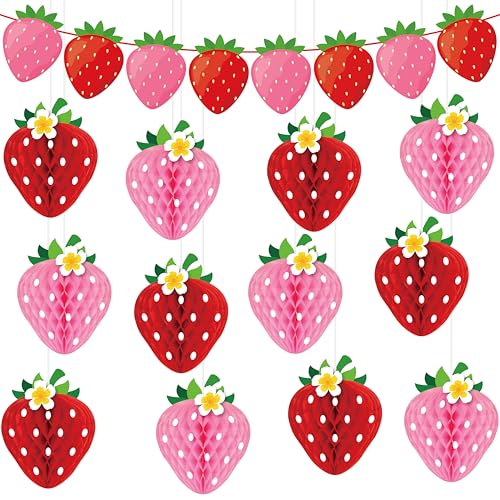 Renbuzhu 13PCS Strawberry Party Decorations Honeycomb Balls Banner Berry First Birthday Hanging Decor Table Centerpieces - Image 1
