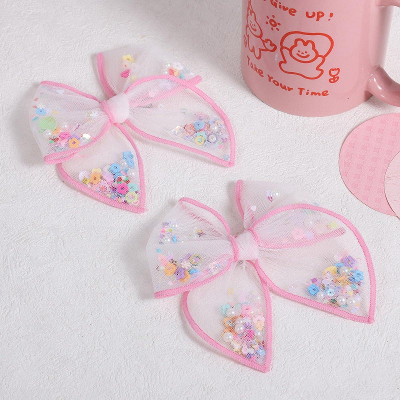 Miroksh 4" Pink Floral Mesh Ribbon Hair Bow Clips for Girls, 2pc Flower Shaker Fable Bow Alligator Hairpins, Spring Summer Birthday Party Dress Decor Accessories Gift for Toddlers Teens - Image 2