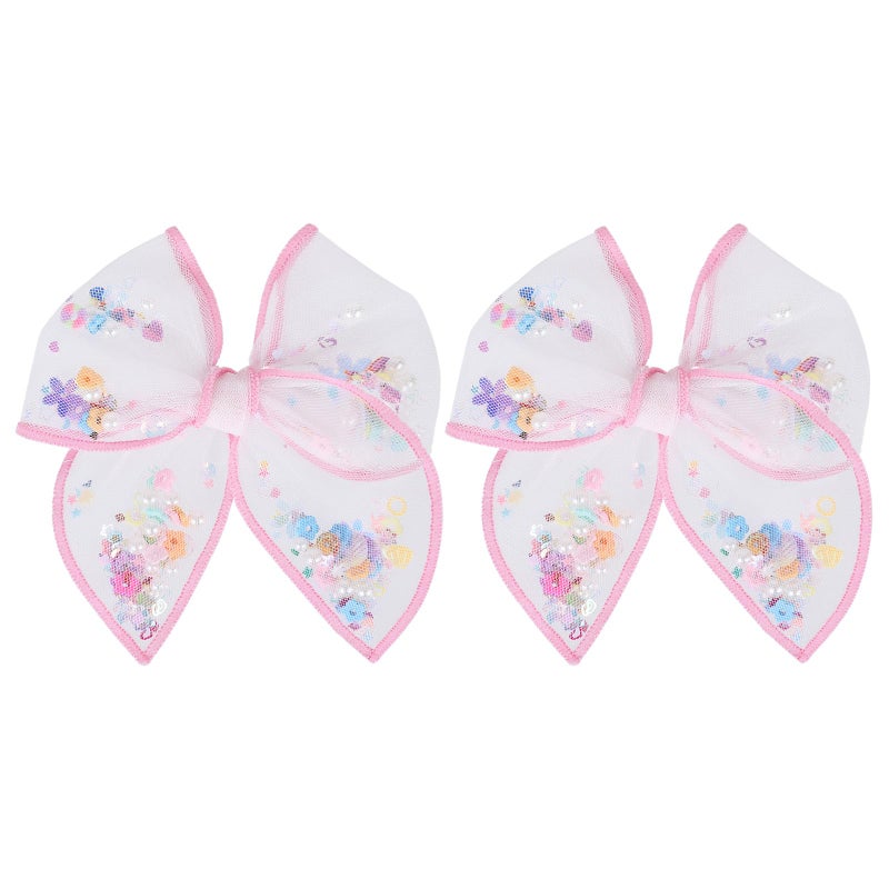Miroksh 4" Pink Floral Mesh Ribbon Hair Bow Clips for Girls, 2pc Flower Shaker Fable Bow Alligator Hairpins, Spring Summer Birthday Party Dress Decor Accessories Gift for Toddlers Teens - Image 1