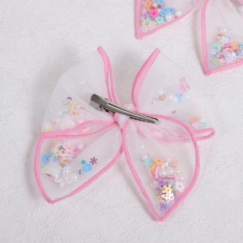 Miroksh 4" Pink Floral Mesh Ribbon Hair Bow Clips for Girls, 2pc Flower Shaker Fable Bow Alligator Hairpins, Spring Summer Birthday Party Dress Decor Accessories Gift for Toddlers Teens - Image 5