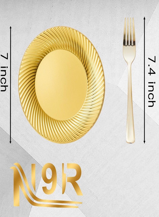 N9R 60 قطعة أطباق حلوى بلاستيكية ذهبية مع شوكات، تشمل 30 قطعة أطباق حلوى قابلة للتصرف 7 بوصة، 30 قطعة شوكات بلاستيكية ذهبية 7.4 بوصة للحفلات والأعراس وأعياد الميلاد - Image 3