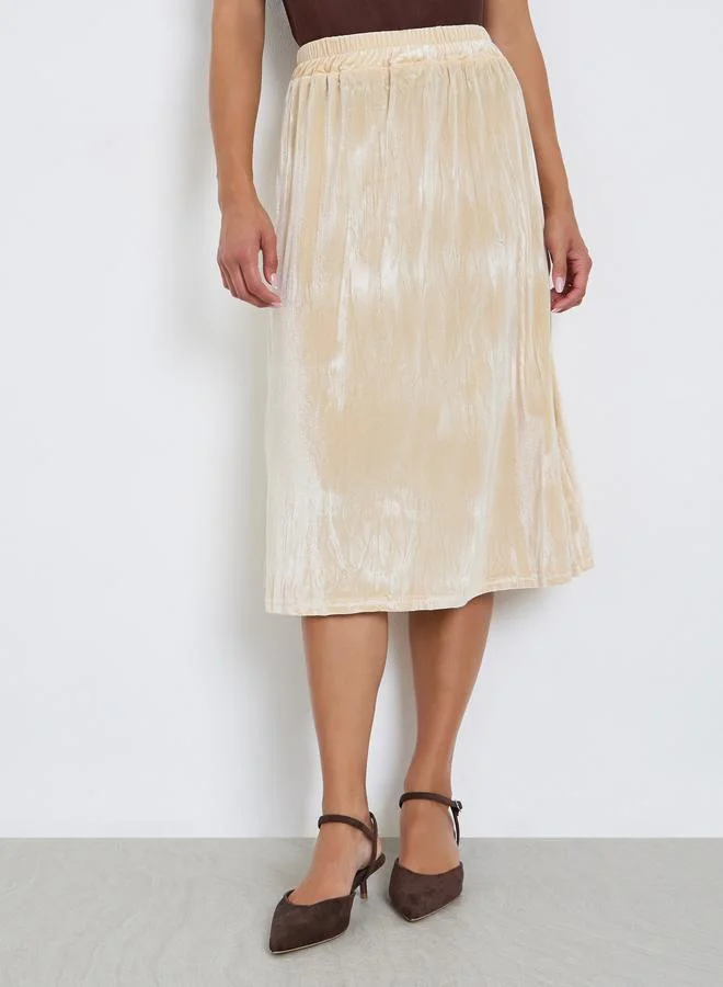 Styli Beige Velvet A-Line Midi Skirt