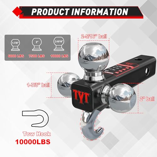 TYT Trailer Hitch Tri Ball Mount with Tow Hook,Fits 2 inch Receiver,Triple Balls (1-7/8", 2", 2-5/16"),10,000 lbs GTW,1,000 lbs TW,with Hitch pin - Image 3