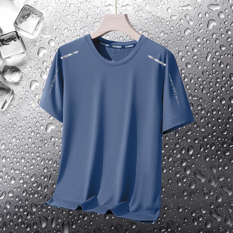 [Quick Delivery] Summer Ice Silk T-Shirt Mens Round Neck Quick-drying Clothes Short-sleeved Breathable plus size Top Mens Sports Loose Pure blue [butterfly net connecting rod]