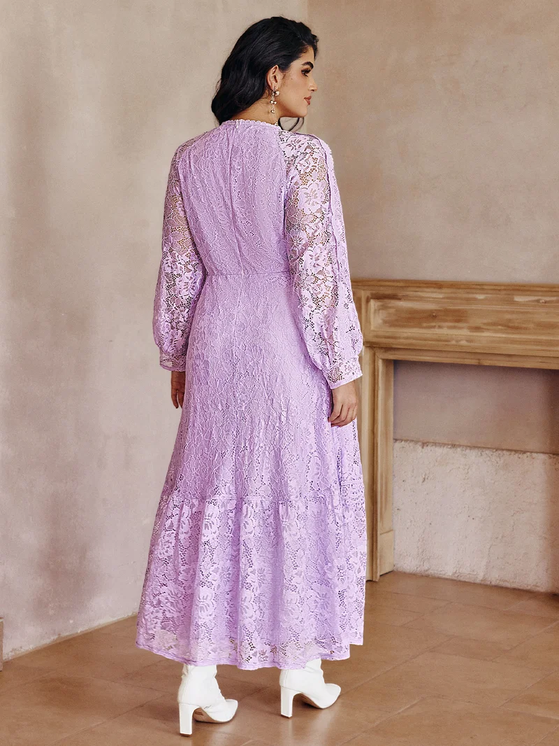 Simplee Round Neck Lantern Long Sleeve Lace Maxi Dress, Waist Cinched Flared Skirt, Romantic Fairy Lace Dress