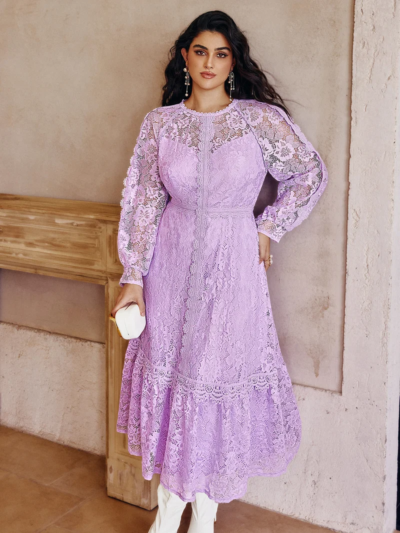 Simplee Round Neck Lantern Long Sleeve Lace Maxi Dress, Waist Cinched Flared Skirt, Romantic Fairy Lace Dress