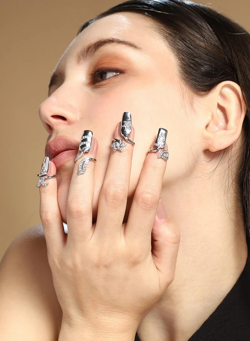Sohi  Women The Botanic Nail Ring Set | Metallic  Colour | Set Of 4 | One-Size | Artificial Stone Alloy Material | Adjustable Closure | Ring For Casual & Evening Wear for Women | Best Price UAE