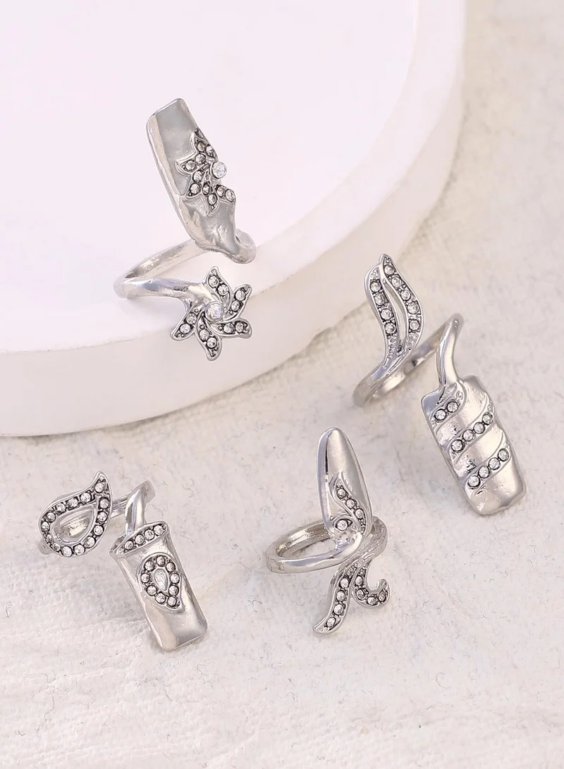 Women The Botanic Nail Ring Set | Metallic  Colour | Set Of 4 | One-Size | Artificial Stone Alloy Material | Adjustable Closure | Ring For Casual & Evening Wear