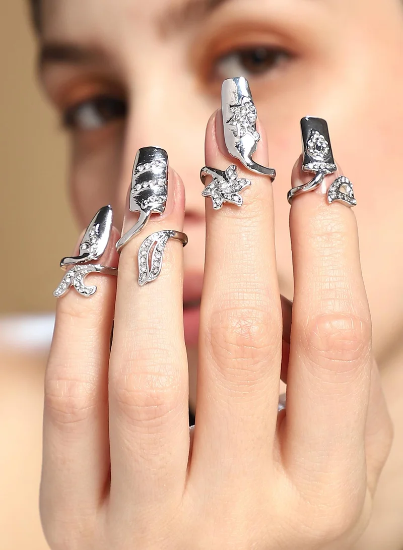 SOHI Women The Botanic Nail Ring Set | Metallic  Colour | Set Of 4 | One-Size | Artificial Stone Alloy Material | Adjustable Closure | Ring For Casual & Evening Wear