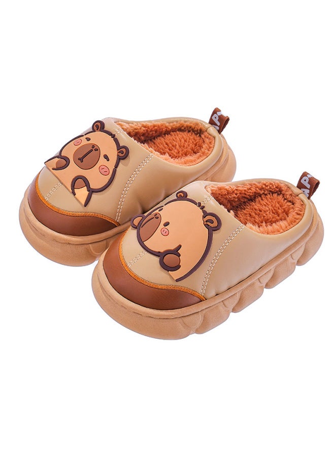 Capybara Winter Children's Cotton Slippers Boys And Girls Warm Fleece-lined Pu Leather Waterproof Thick-soled Parent-child Baby Cotton Shoes - Image 5