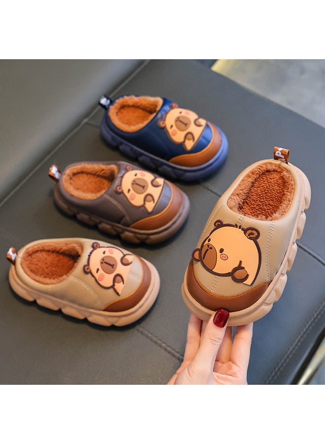 Capybara Winter Children's Cotton Slippers Boys And Girls Warm Fleece-lined Pu Leather Waterproof Thick-soled Parent-child Baby Cotton Shoes - Image 4