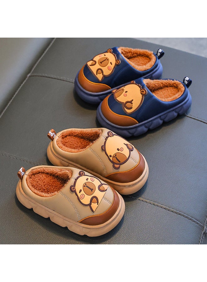 Capybara Winter Children's Cotton Slippers Boys And Girls Warm Fleece-lined Pu Leather Waterproof Thick-soled Parent-child Baby Cotton Shoes - Image 2