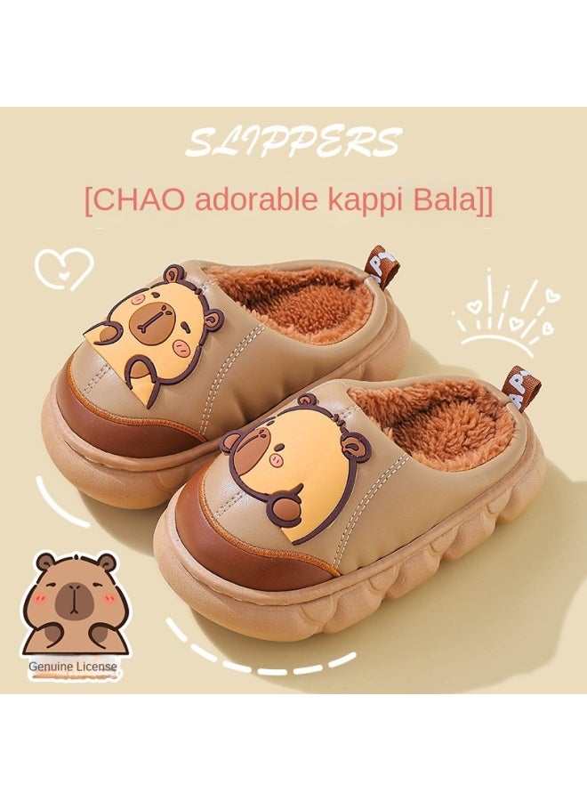 Capybara Winter Children's Cotton Slippers Boys And Girls Warm Fleece-lined Pu Leather Waterproof Thick-soled Parent-child Baby Cotton Shoes - Image 3