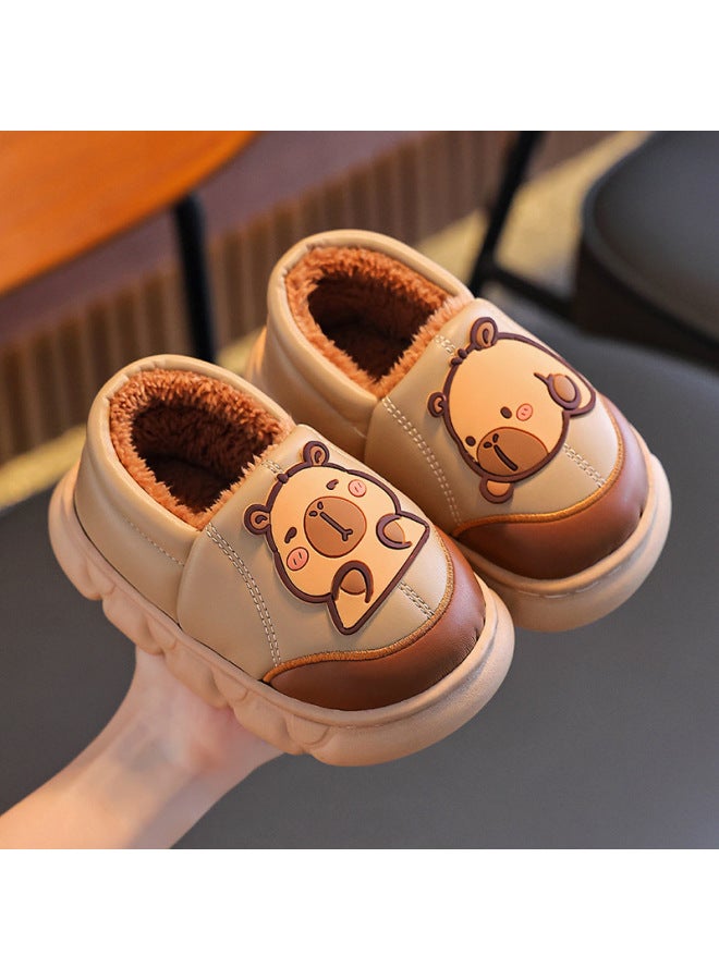 Capybara Winter Children's Cotton Slippers Boys And Girls Warm Fleece-lined Pu Leather Waterproof Thick-soled Parent-child Baby Cotton Shoes - Image 1