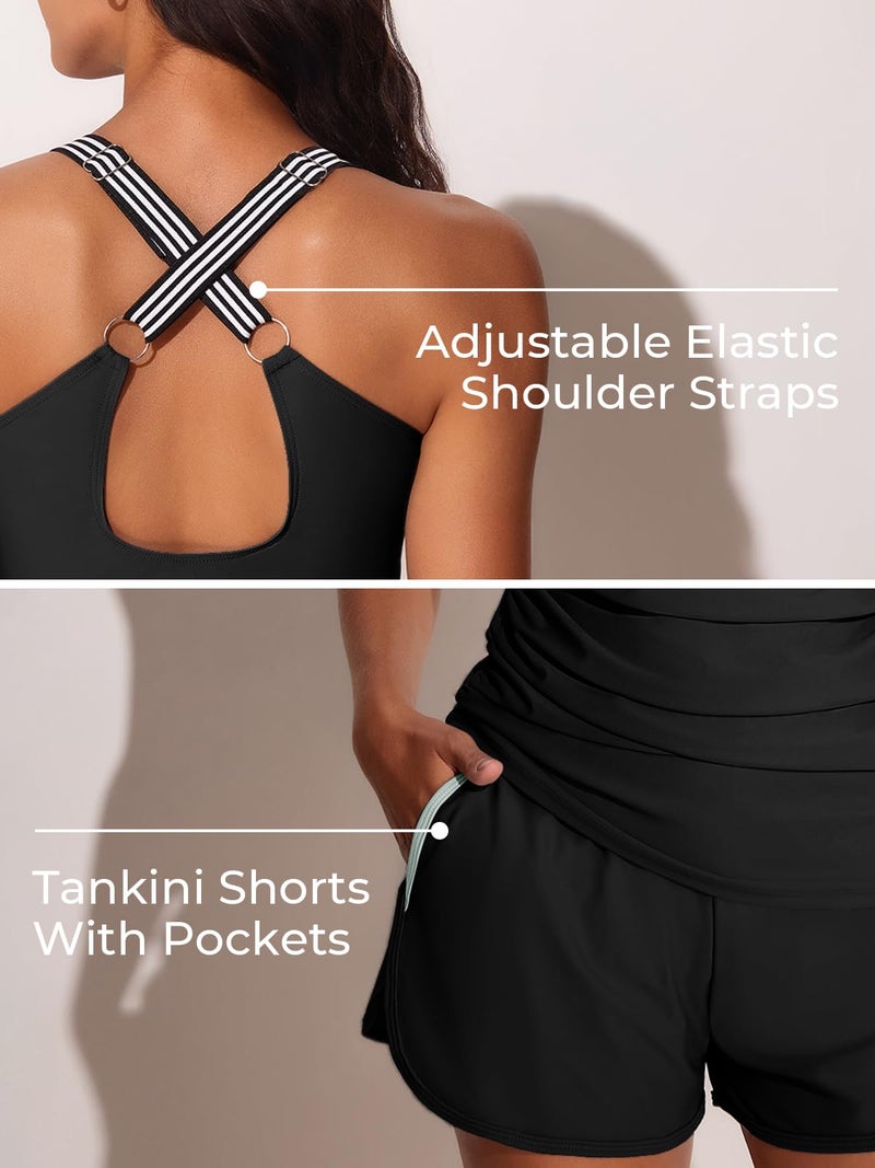 Summer Mae Modest Tankini Swimsuits for Women 2025 Two Piece Bathing Suits with Sporty Pockets Boy Shorts for Tummy Control Pure Black Size 14 - Image 3
