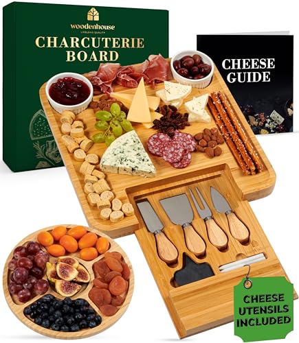 Woodenhouse Bamboo Charcuterie Boards Gift Set - Meat and Cheese Tray with Utensils, Fruit Tray, and 2 Sauce Bowls Included - Bamboo Cheese Platter - House Warming Gifts New Home Couples & Family, Wedding Gifts - Image 1