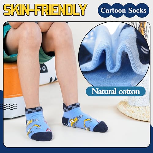 Welwoos Baby Boys Toddlers Grips Socks Kids Non Slip Anti Skid Ankle Fun Gifts Cotton No Show Socks with Grippers 9 Pairs (Trucks, 3-5T) - Image 2