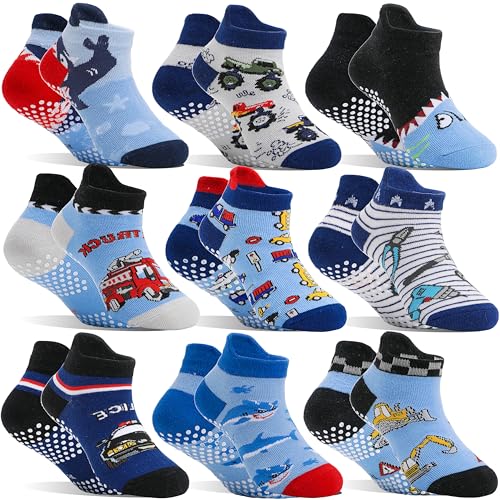 Welwoos Baby Boys Toddlers Grips Socks Kids Non Slip Anti Skid Ankle Fun Gifts Cotton No Show Socks with Grippers 9 Pairs (Trucks, 3-5T) - Image 1