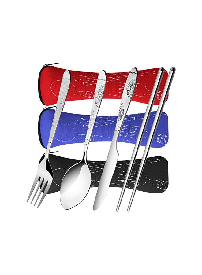 S-TOP 3 Pack Reusable Flatware Sets Knife, Fork, Spoon, Chopsticks, 12Pcs Portable Travel Stainless Steel Tableware Dinnerware with Carrying Case - Image 2