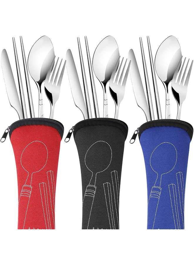 S-TOP 3 Pack Reusable Flatware Sets Knife, Fork, Spoon, Chopsticks, 12Pcs Portable Travel Stainless Steel Tableware Dinnerware with Carrying Case - Image 1