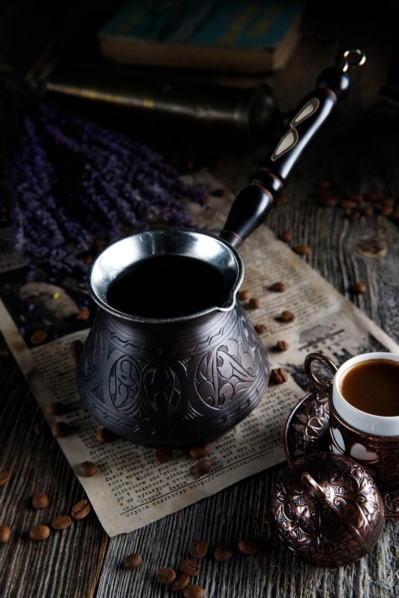 DEMMEX 15 Oz Thickest Copper Turkish Greek Arabic Coffee Pot, Stovetop Coffee Maker, Cezve Ibrik Briki with Wooden Handle & Spoon, Hand Engraved (Antique Copper, 6 Servings) - Image 3